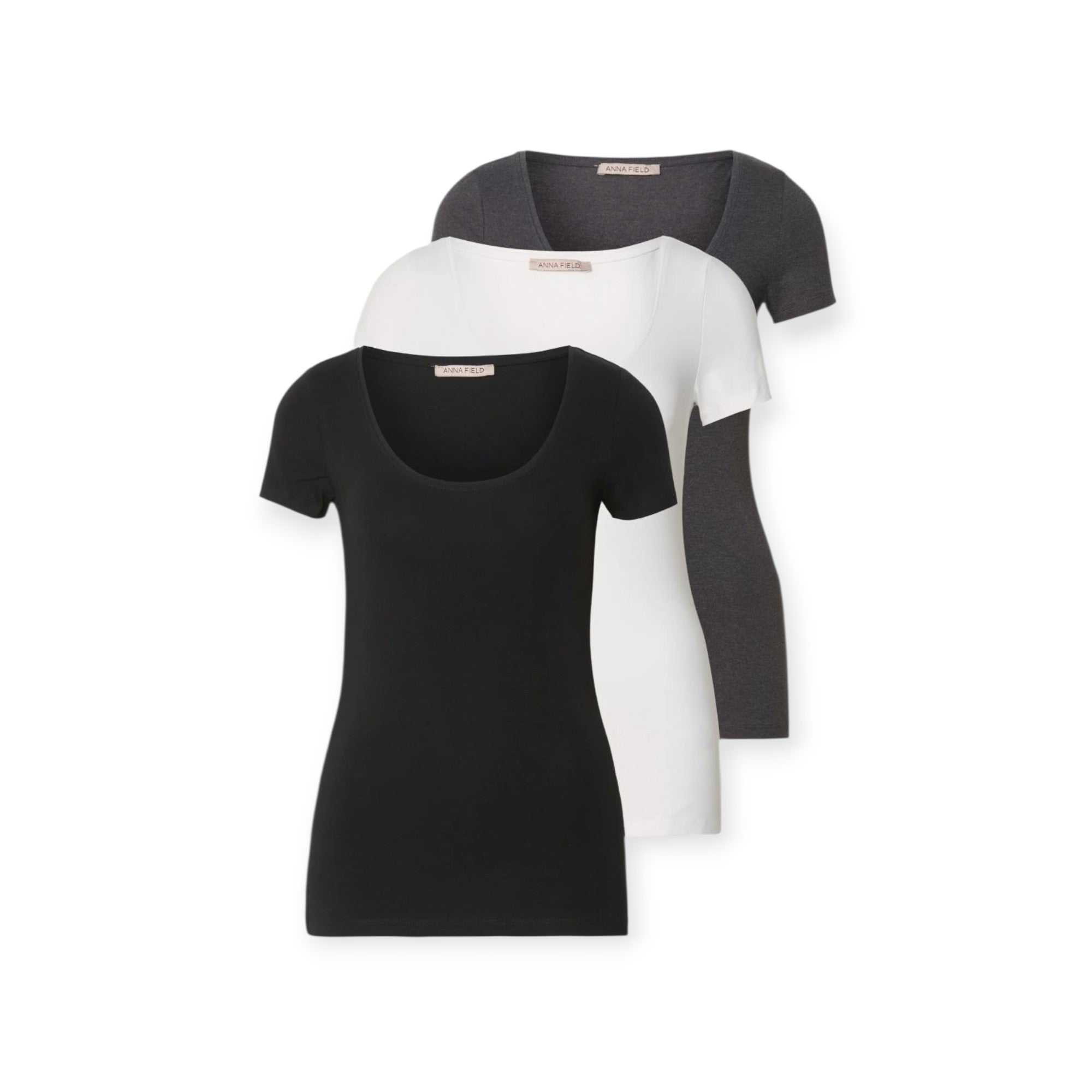 Anna Field Damen Basic Shirt 3er-Pack – Schwarz / Weiß / Grau – Größe 40