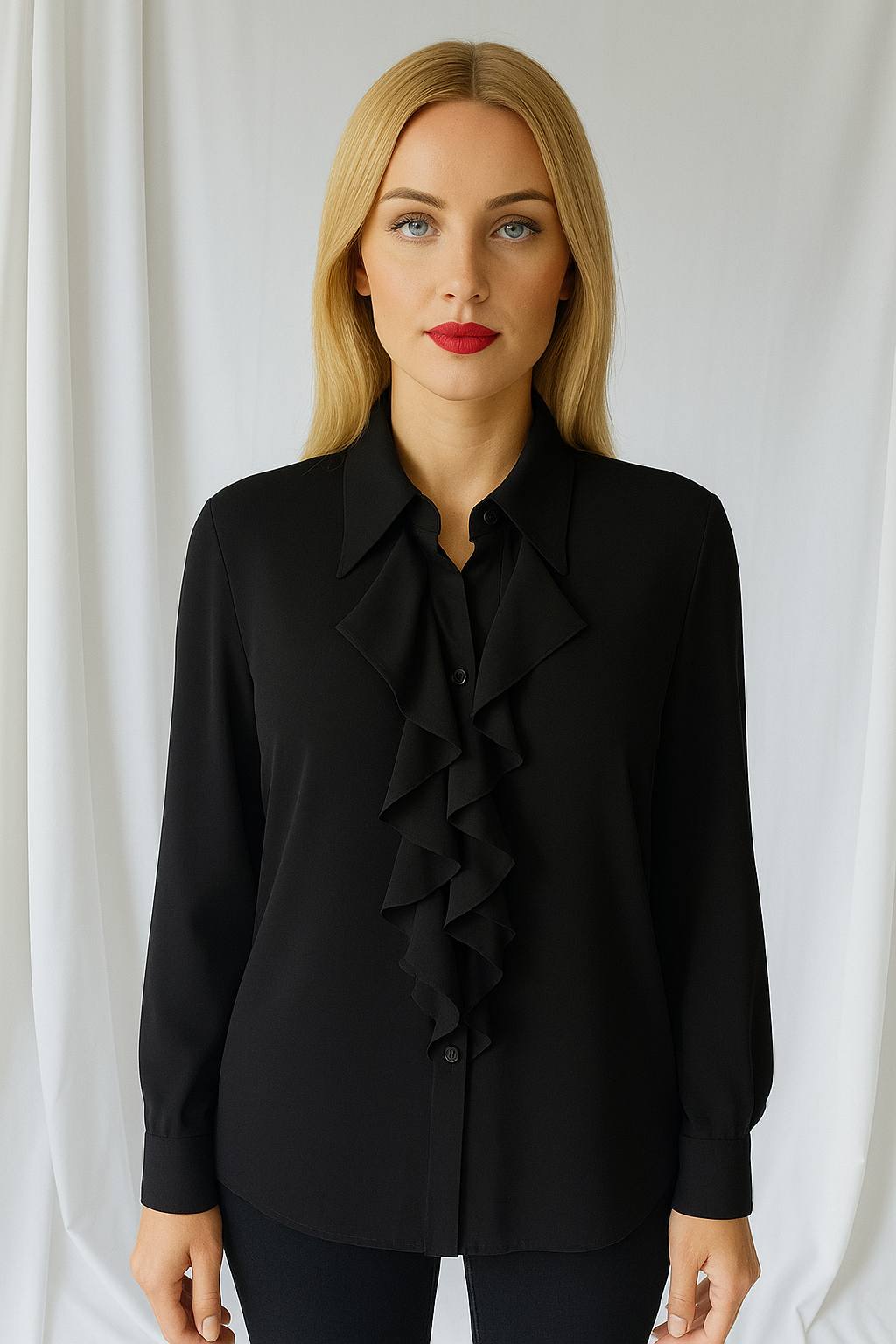 Damenbluse mit Rüschen – Schwarz – Größe M / 38